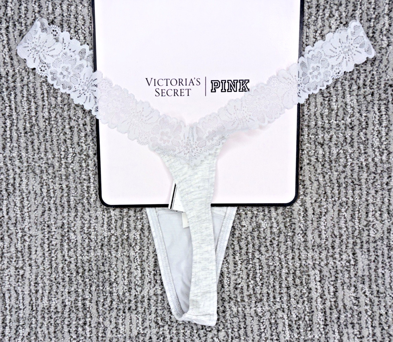 Victoria’s Secret PINK NWT Medium Gray Shimmer Lace Trim Thong Panty Sexy Cute