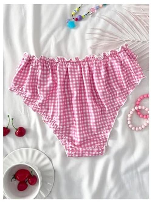 Women’s Y2k Gingham Bow Underwear Lace Eyelet Low Rise X-Large Strawberry Pink