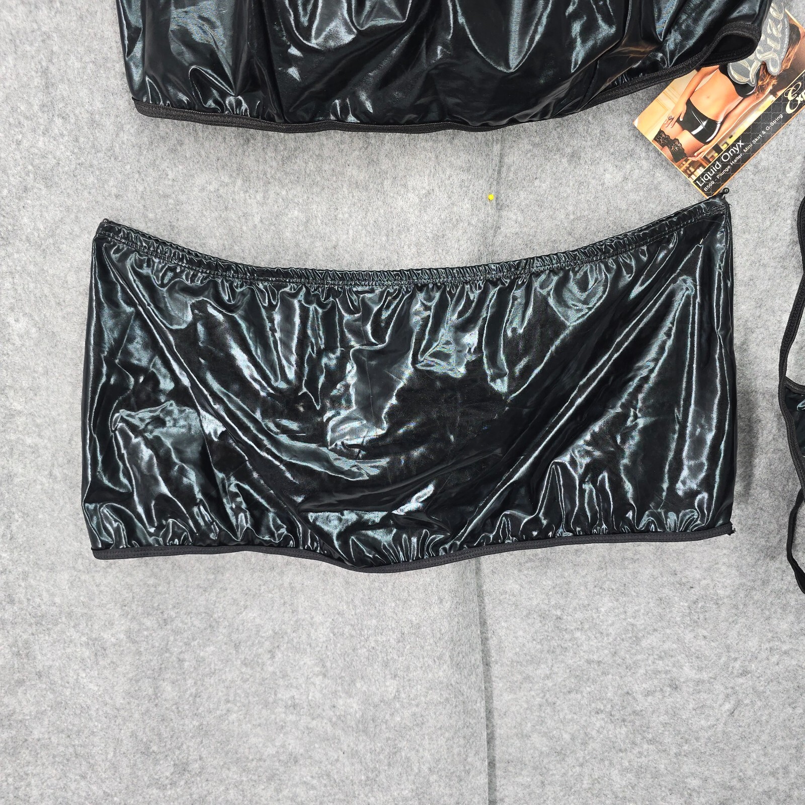 Magic Silk Liquid Onyx Queen Size Cut Out Bralette, Panty & Stirrup Garter Black