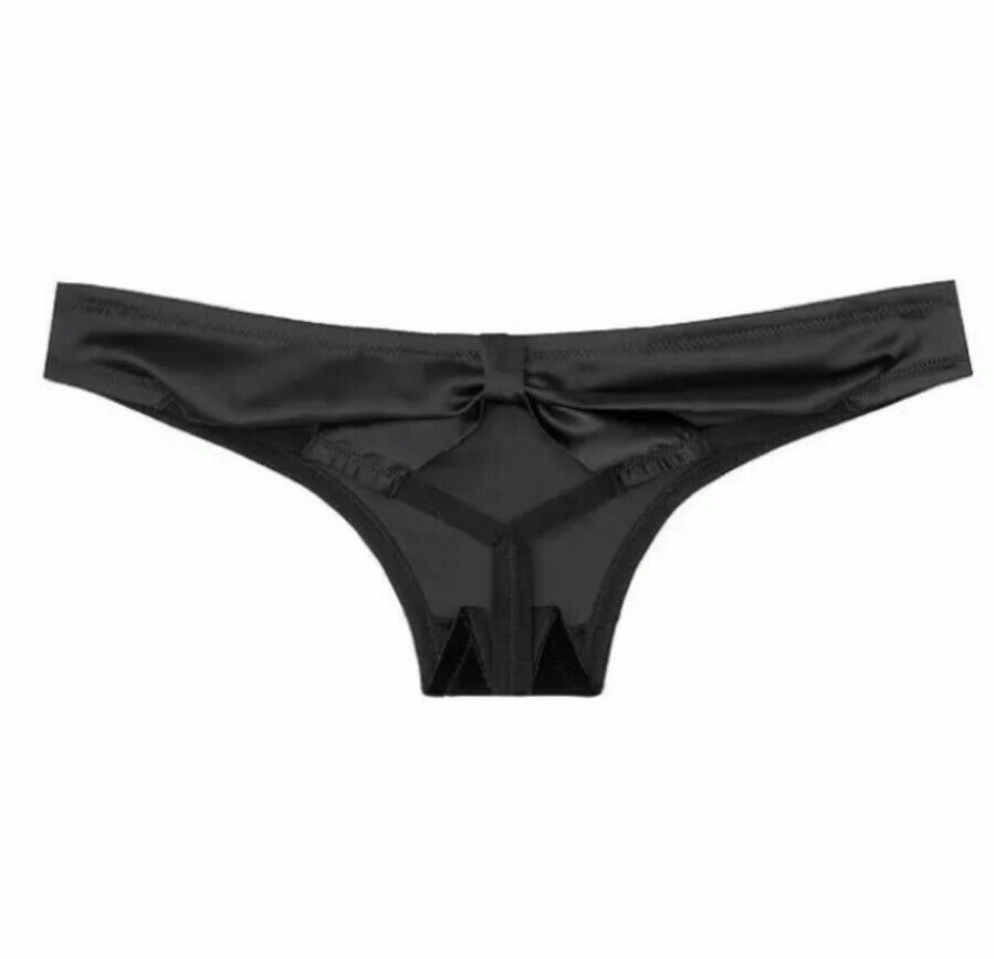 VICTORIAS SECRET VERY SEXY THONG PANTY VELVET SATIN BOW OPEN BACK BLACK SIZE S