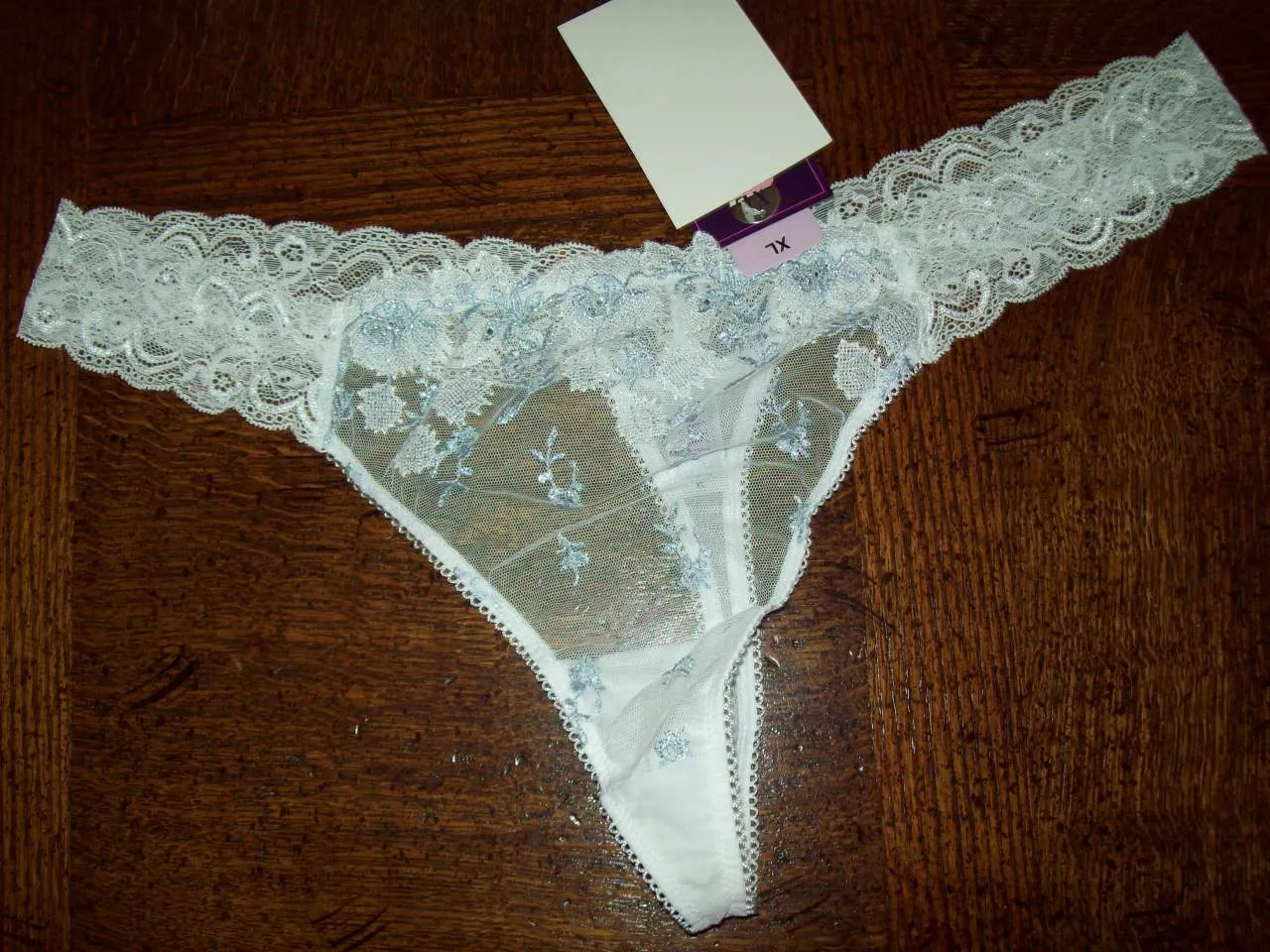 NWT SAKI SILVER NYLON SPANDEX THONG PANTIES w LACE BRIDAL LSP009 WHT/BLUE L