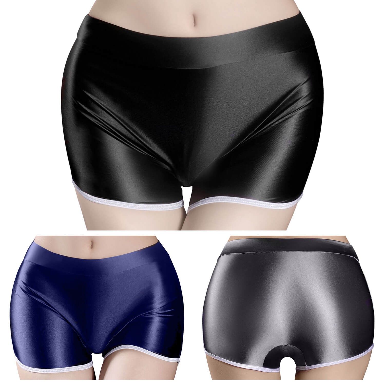 3pcs Women’s Shiny Glossy Gym Shorts Smooth Stretch Fitness Boxer Shorts Panties