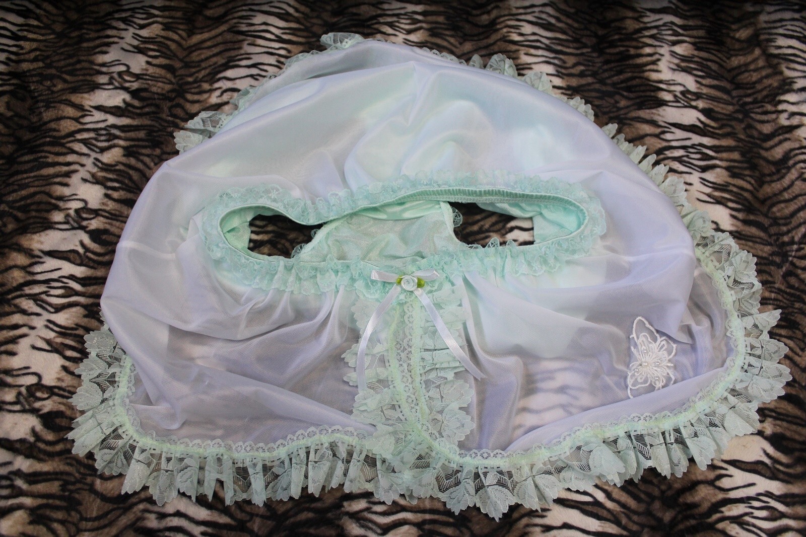 #A52 2XL/ElasticW.26-44″ 2in1 Nylon Green Briefs Panties+White Half Slip 13″