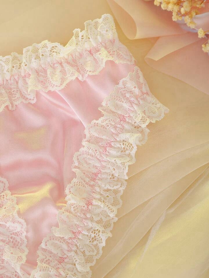 Satin Pink Lave Ruffles Sissy Ruffle Trim Open Crotch Bikini Brief Panties L NEW