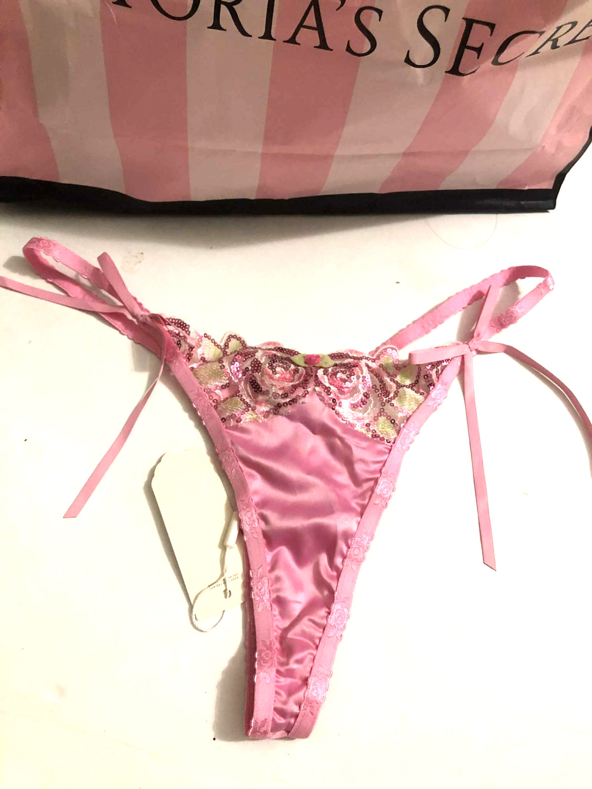 VS For Love & Lemons Sequin Embroidered Rose Pink Floral String Thong Panty NWT