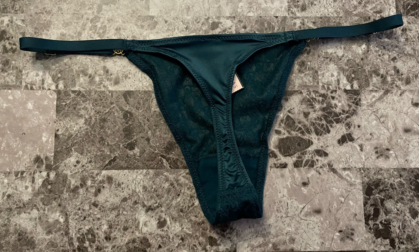NWT VICTORIA’S SECRET DARK GREEN ICON MESH GOLD ADJUSTABLE STRAP THONG PANTIES