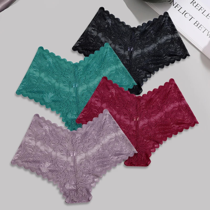 Lace Boyshort Panties Low Rise Breathable Hollow Out 4PCS Women Underwear