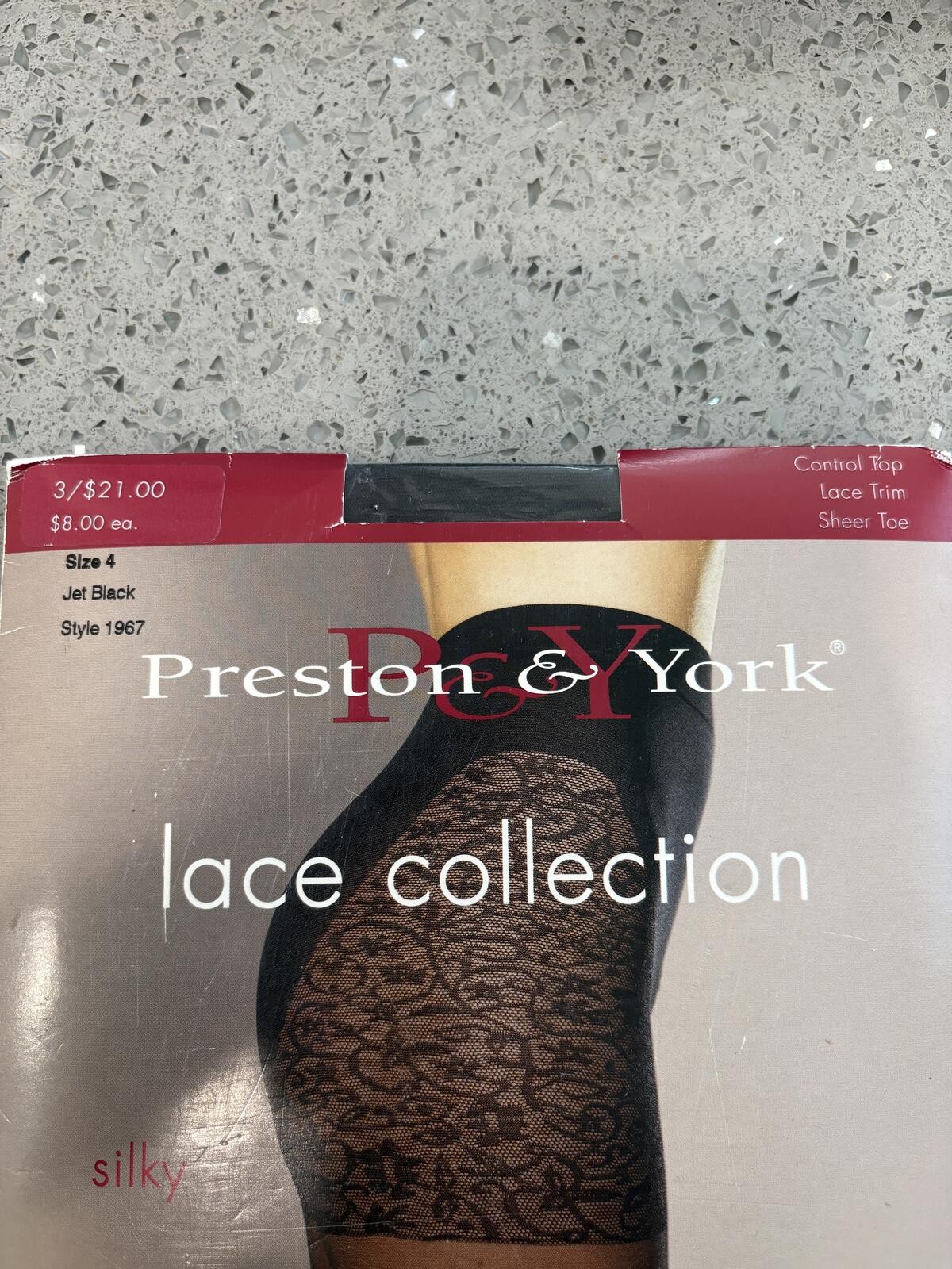 Preston & York Lace Control Top Sheer Toe Pantyhose Size 4 Jet Black (#10)