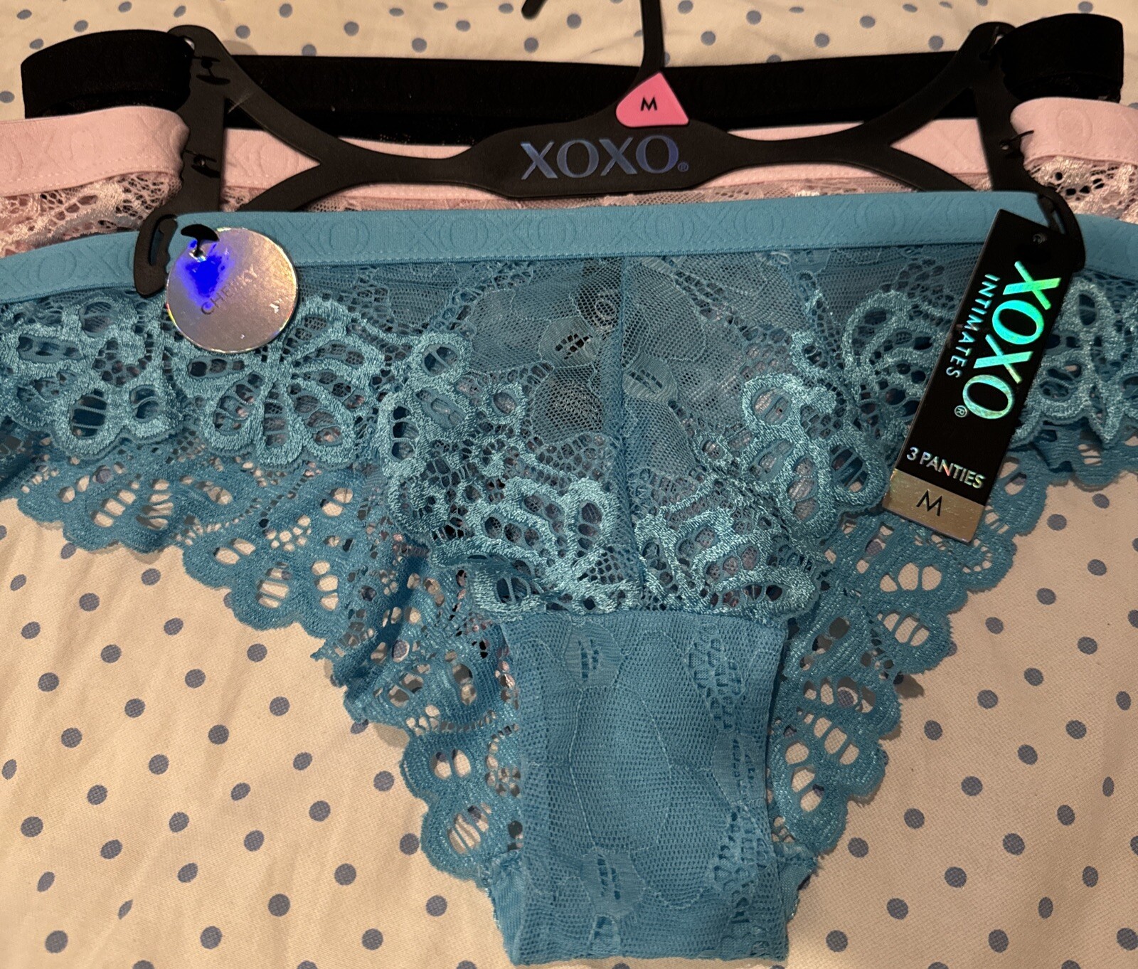 XOXO Bikini Panty Womens Sexy Cheeky Underwear 3 Pack Medium Blue Pink Lace