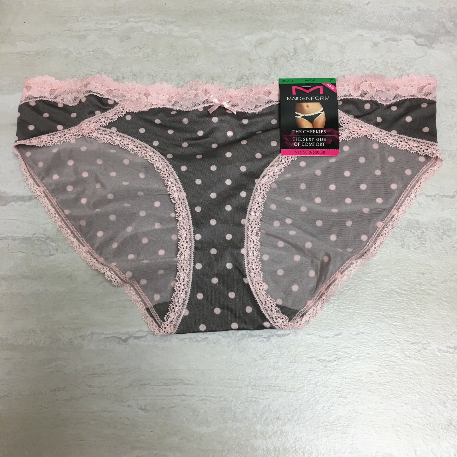 Maidenform Women’s Micro Cheekini with Lace, Gray/Pink Polka Dot, Size L/7, NWT