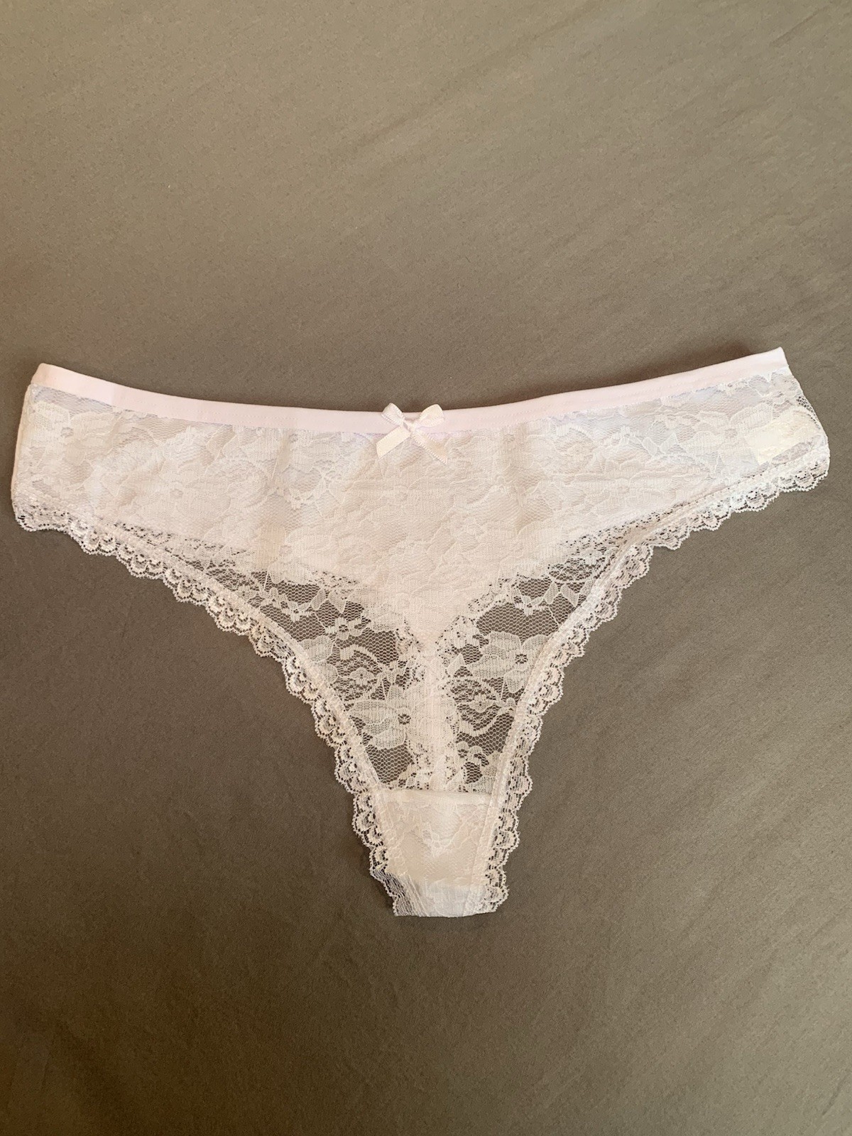 New White Lace Floral Thong Panties XL Stretch Bow Accent