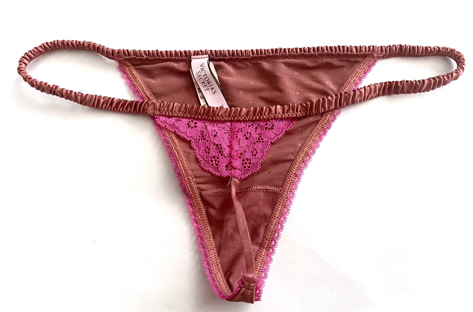Victoria’s Secret V String Panty Canyon Rose Dot Satin Sexy Ruched Strap M