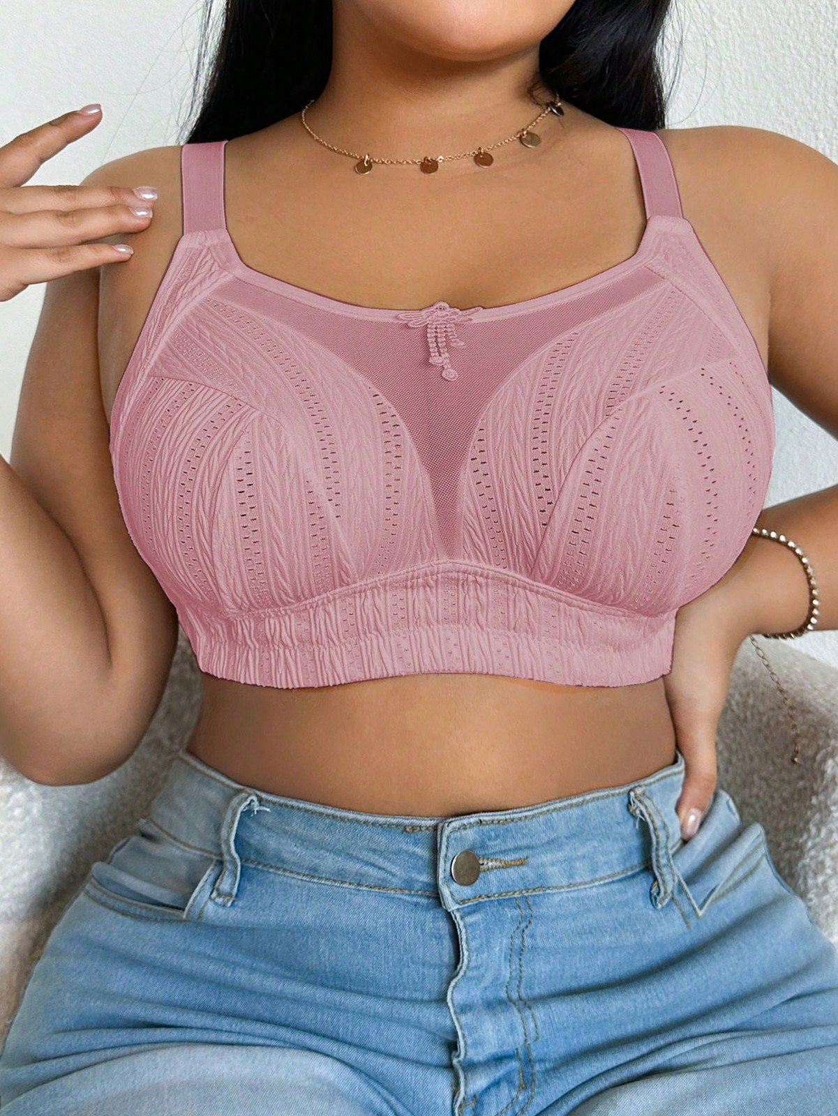 Plus Size Plain Mesh Patchwork Seamless Wireless Bra Cheap24
