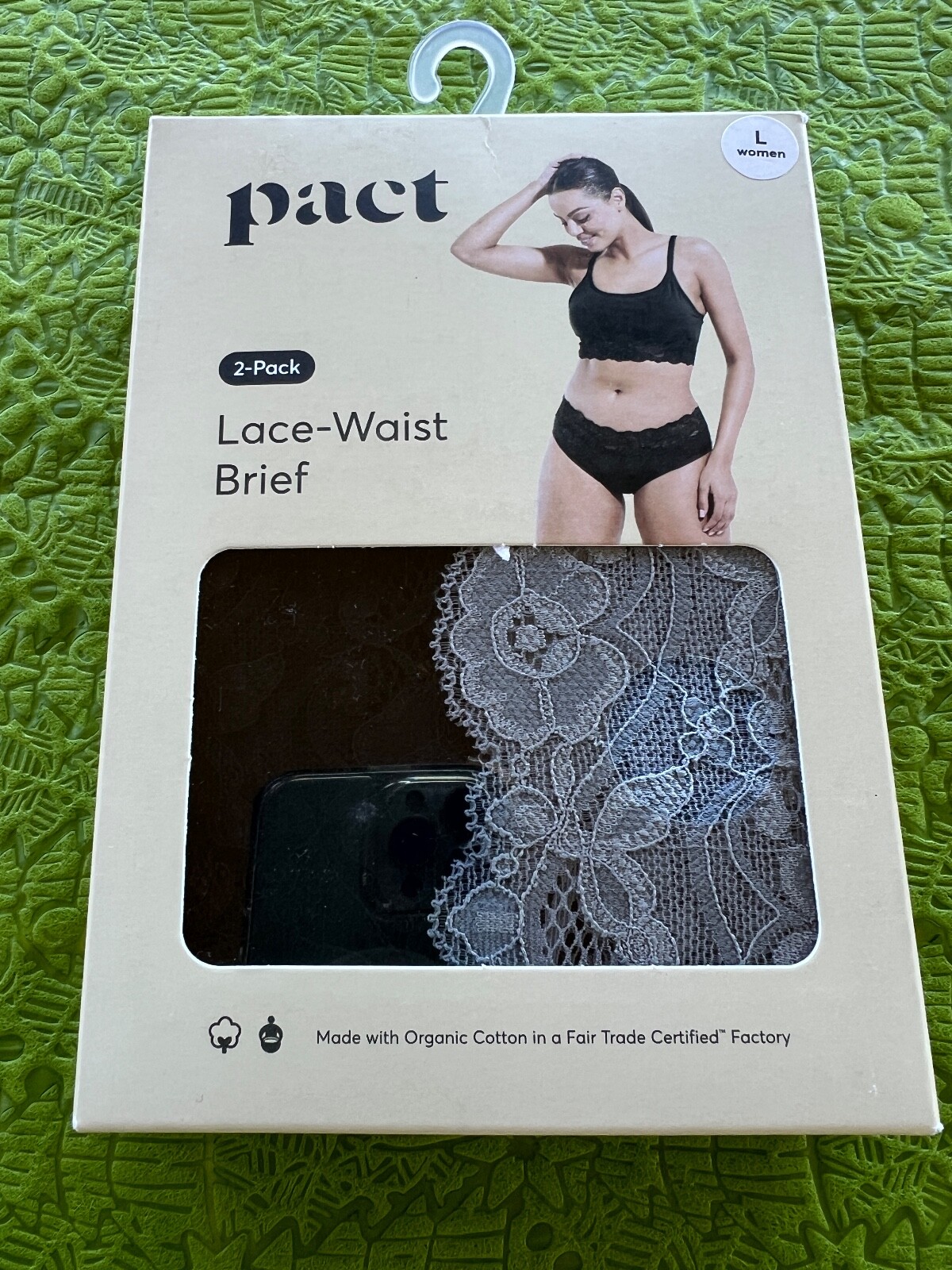 Pact size L 2pc Lace Waist Brief 95% Organic Cotton Women’s Black/Smoke India
