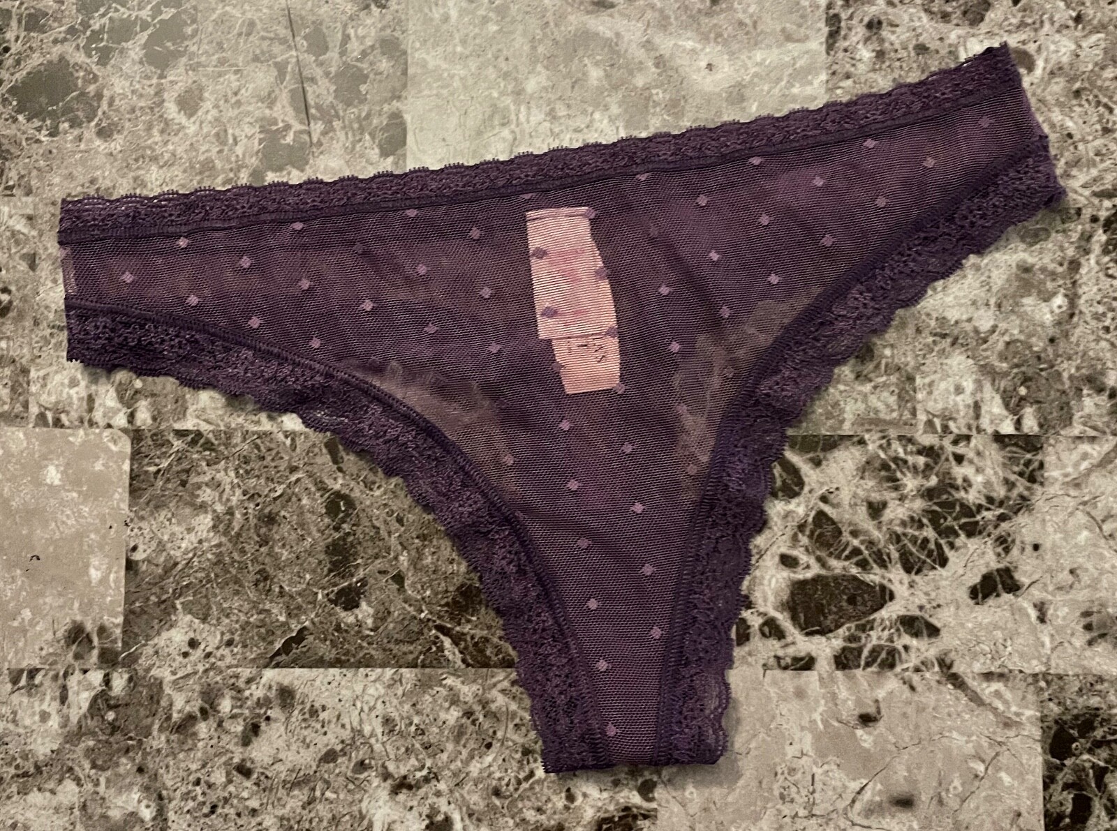NWT VICTORIA’S SECRET SMALL PURPLE DOTTED MESH LACE RARE THONG PANTIES