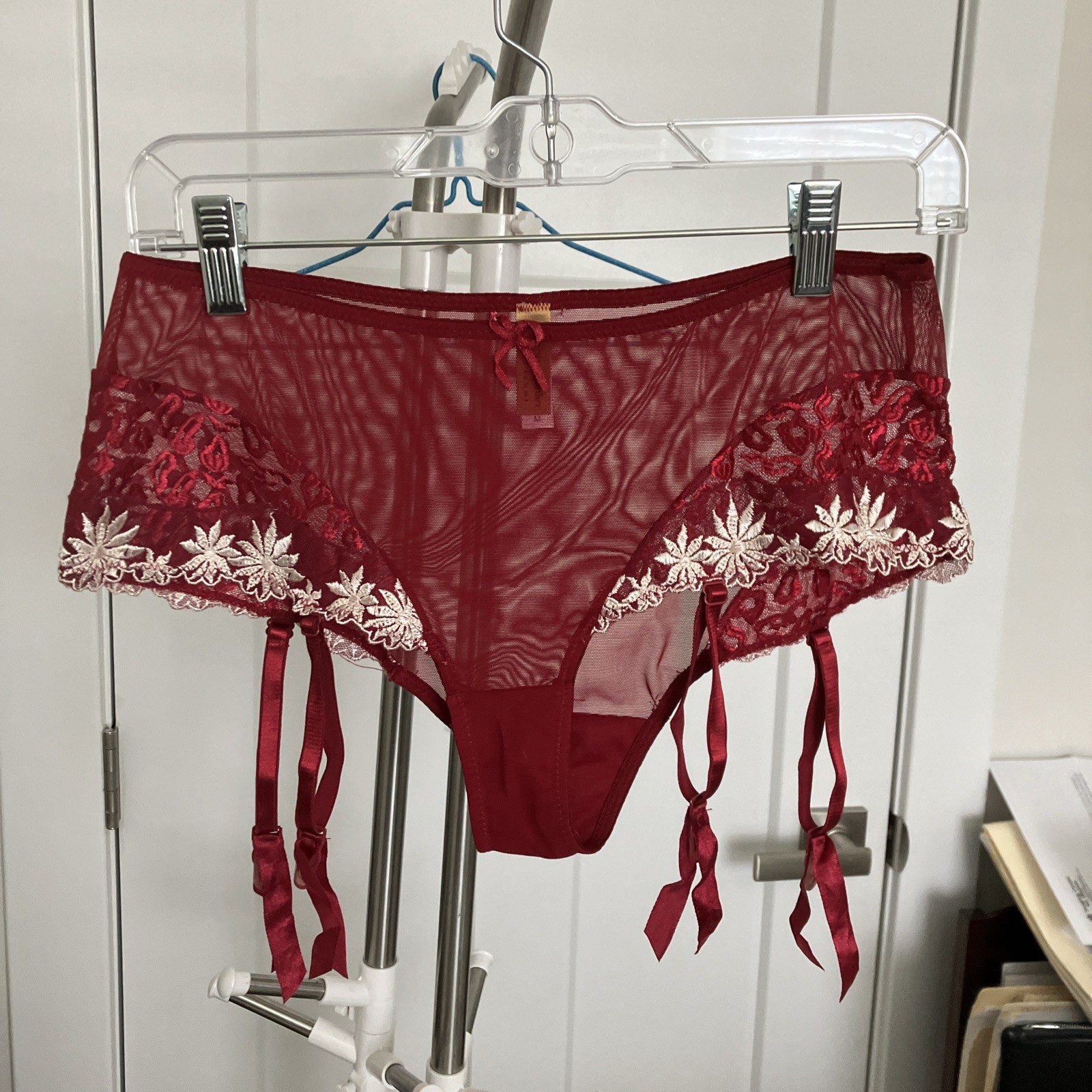 Deep Red/Burgandy Panty w/Garters and flower trim~M