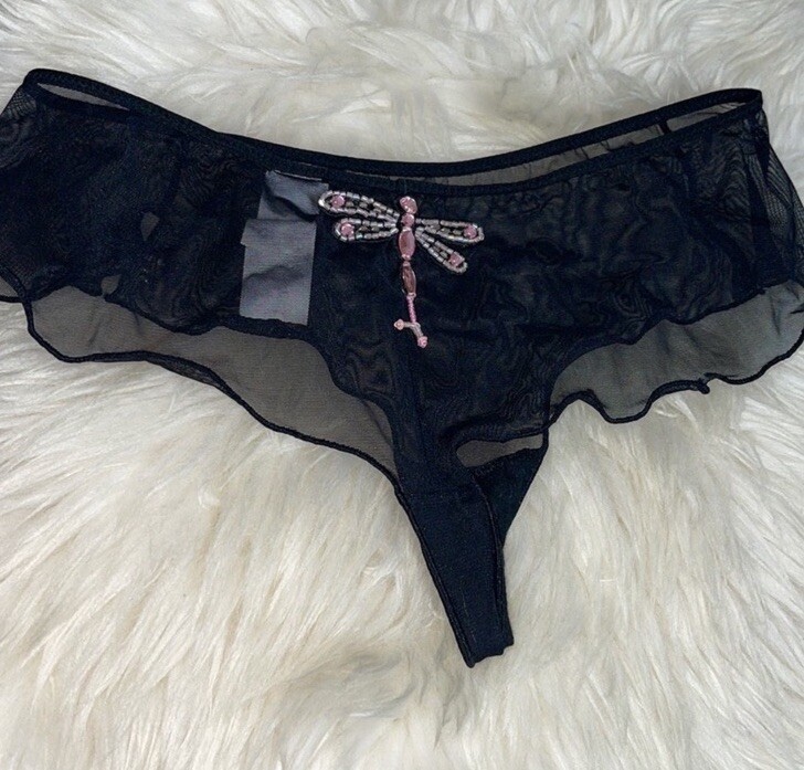 Morgan Panties Womens Size Medium Fairy Mesh embroidered beaded Bikini Black New