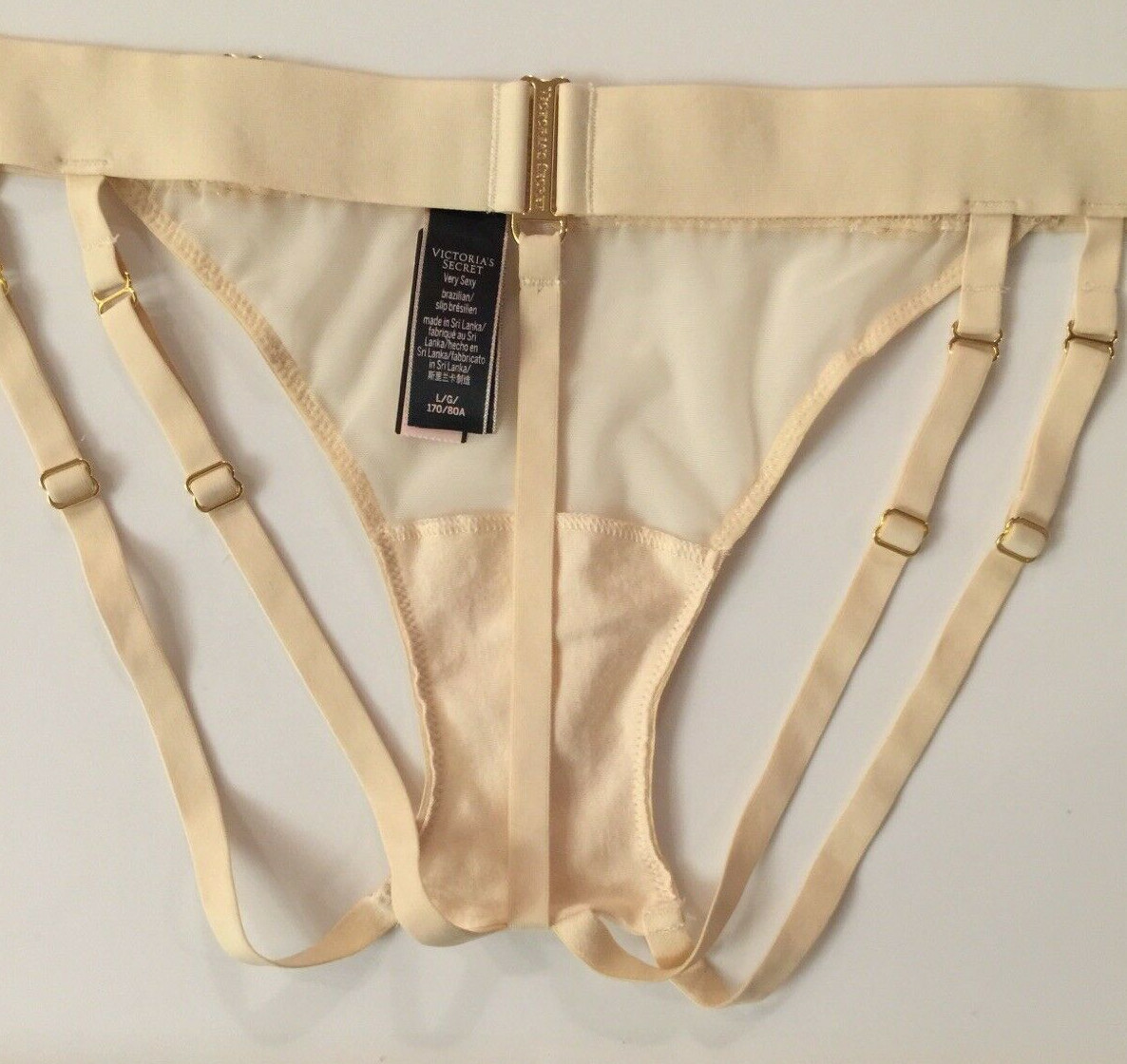 Victorias Secret Sexy Beige Brazilian Panties Size L Strappy Adj Metal Hardware