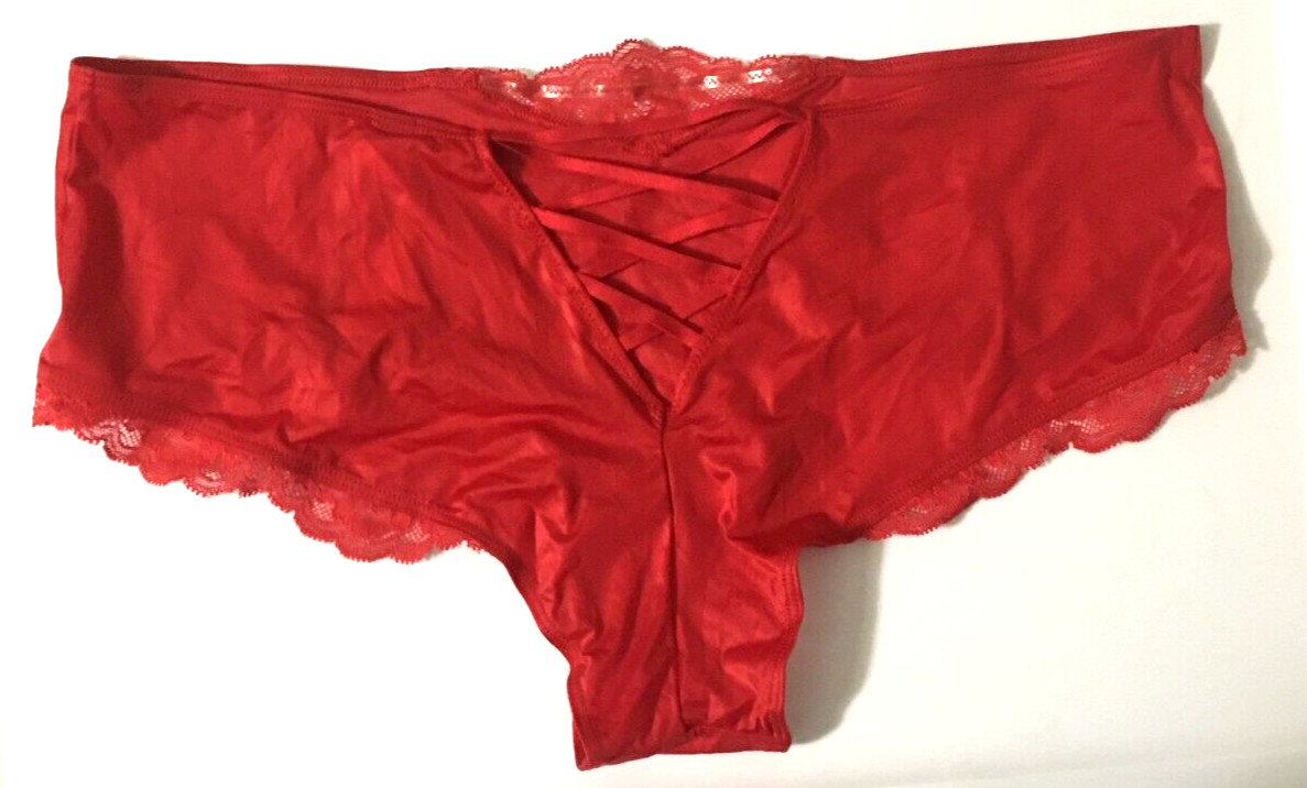 Victorias Secret Very Sexy Red Cheeky Panties Size L Lace Up Back Lace Inset NWT