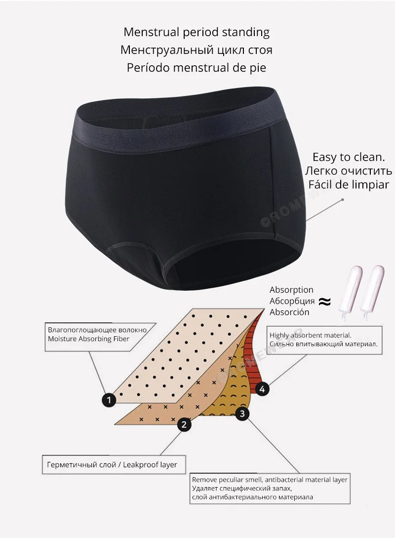3pc Women Menstrual Briefs Bamboo Cotton Absorbent Leakproof Period Panties
