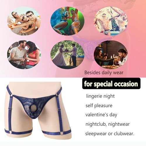 Men’s Lace Underwear Sexy thong Sheer Pouch Garter Panties Open in front Black