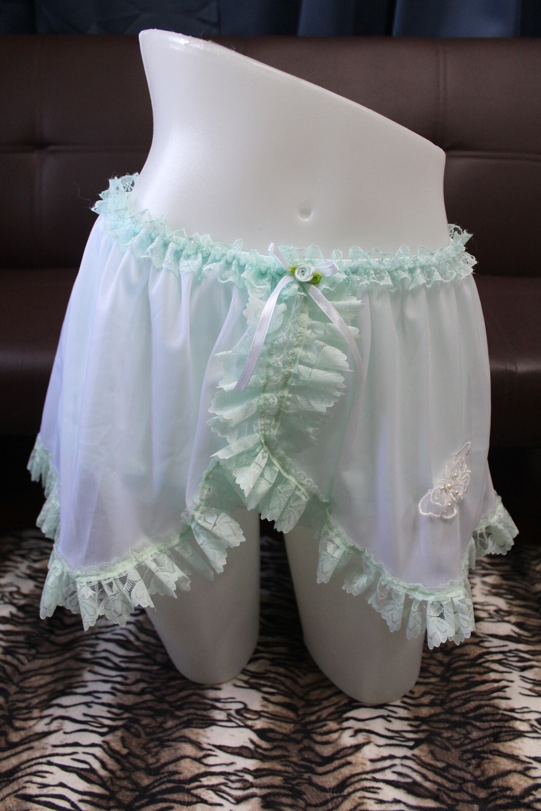 #A52 2XL/ElasticW.26-44″ 2in1 Nylon Green Briefs Panties+White Half Slip 13″