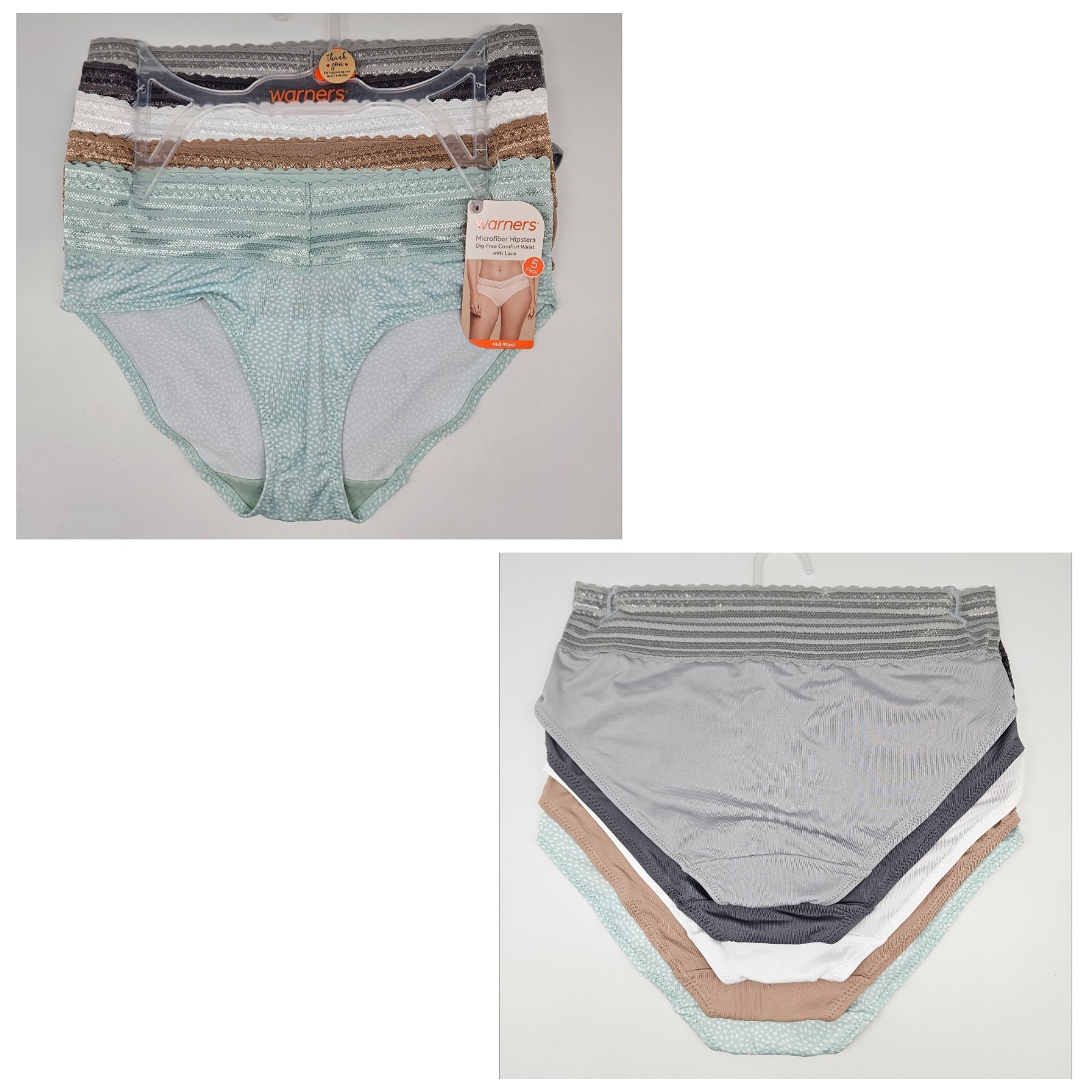 5 Pack WARNERS No Pinching Women’s S M L Microfiber Hipsters Gray White Beige