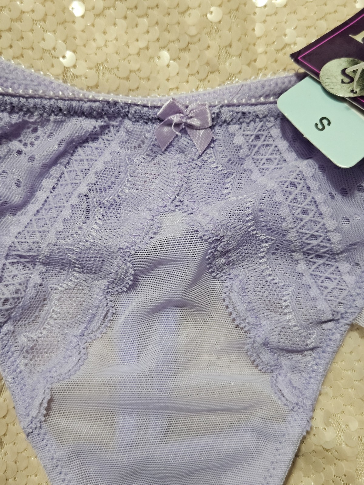 SAKI SILVER, WOMEN’S NEW LAVENDER NYLON BL LACE/MESH ANGEL WING THONG, SIZE S