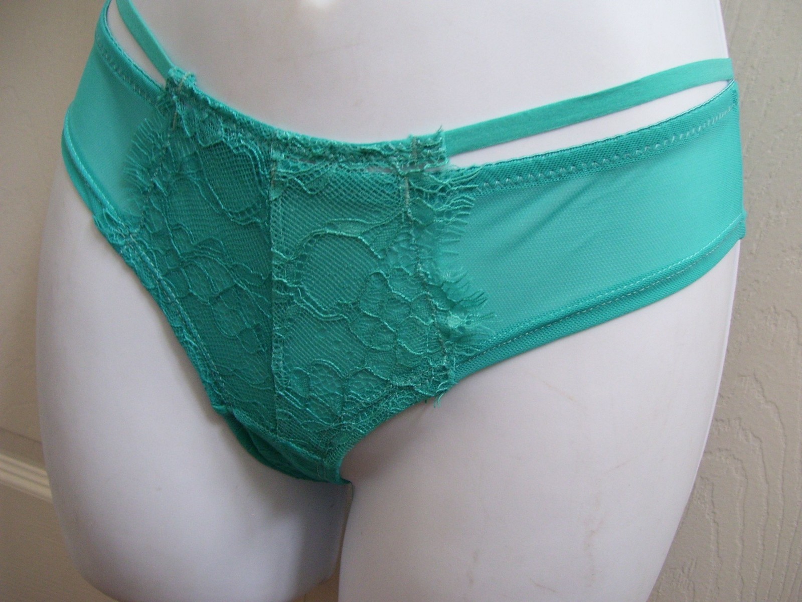 Women’s Medium Turquoise Blue Panties Semi Sheer Bikini Style Lace Trim