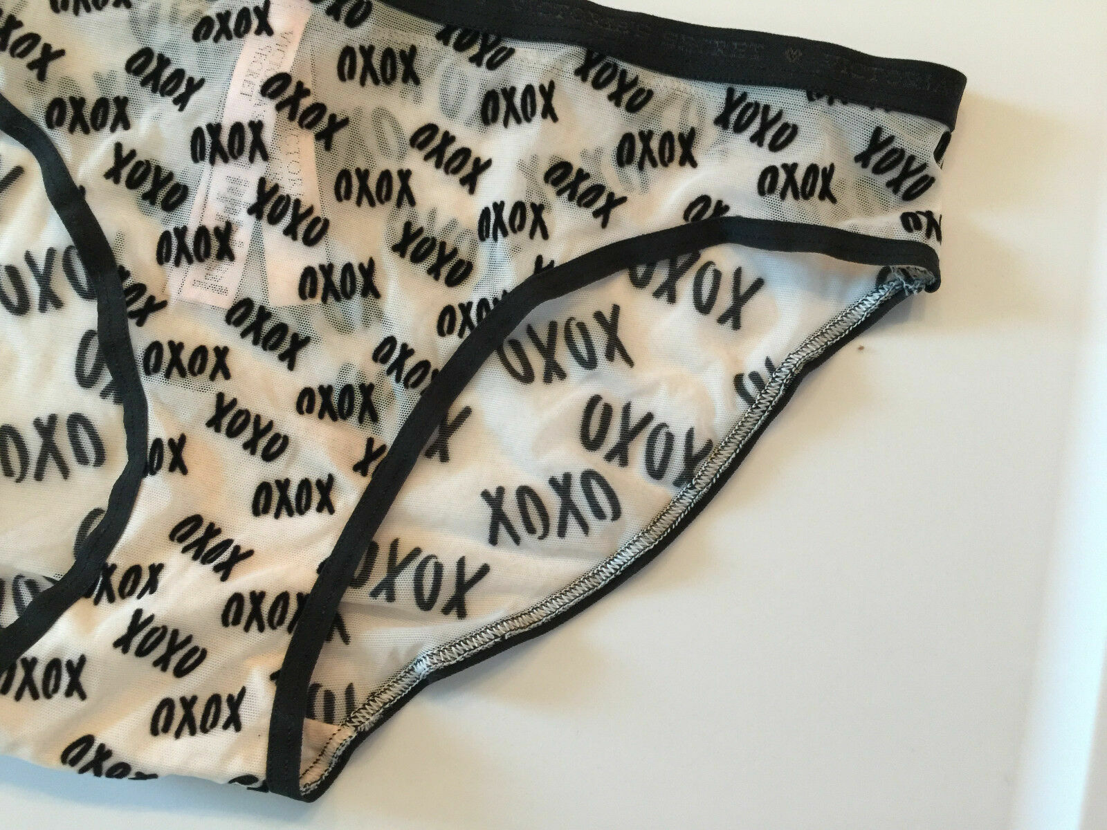 Victorias Secret XOXO LOVE Bikini Panties Size S Sexy Flirty Black Trim Sheer