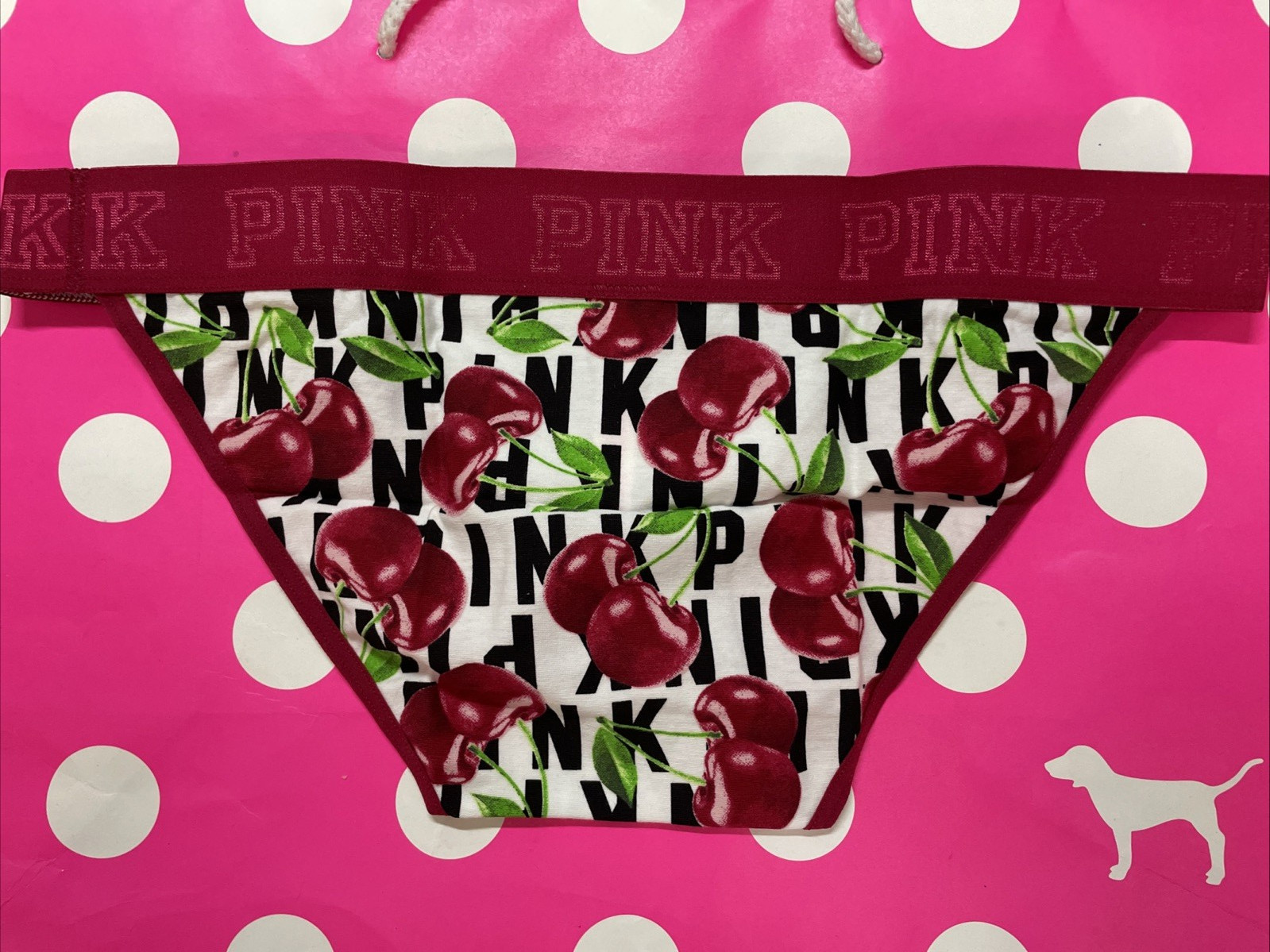 NEW 2017 Victoria Secret PINK Wide Logo Band String Bikini L Panties Cherries
