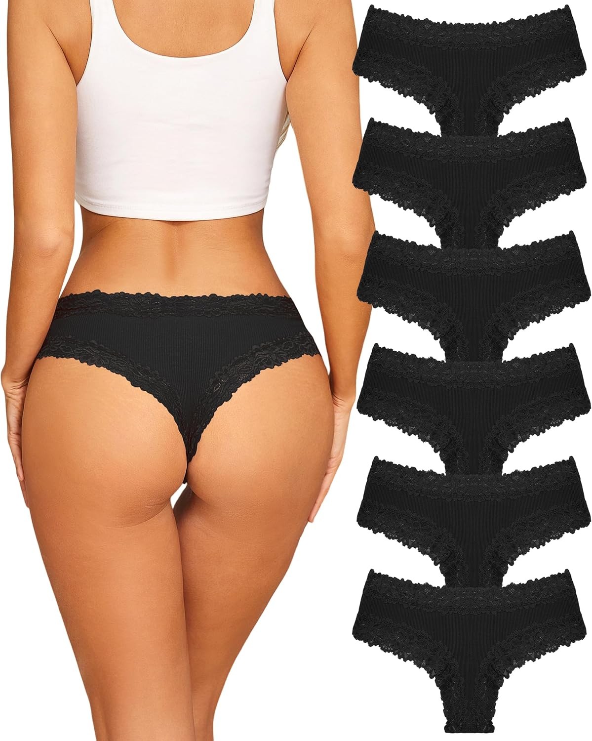 6 Pack Womens Cotton Underwear Soft Breathable Lace Brazilian Panties Low Waist