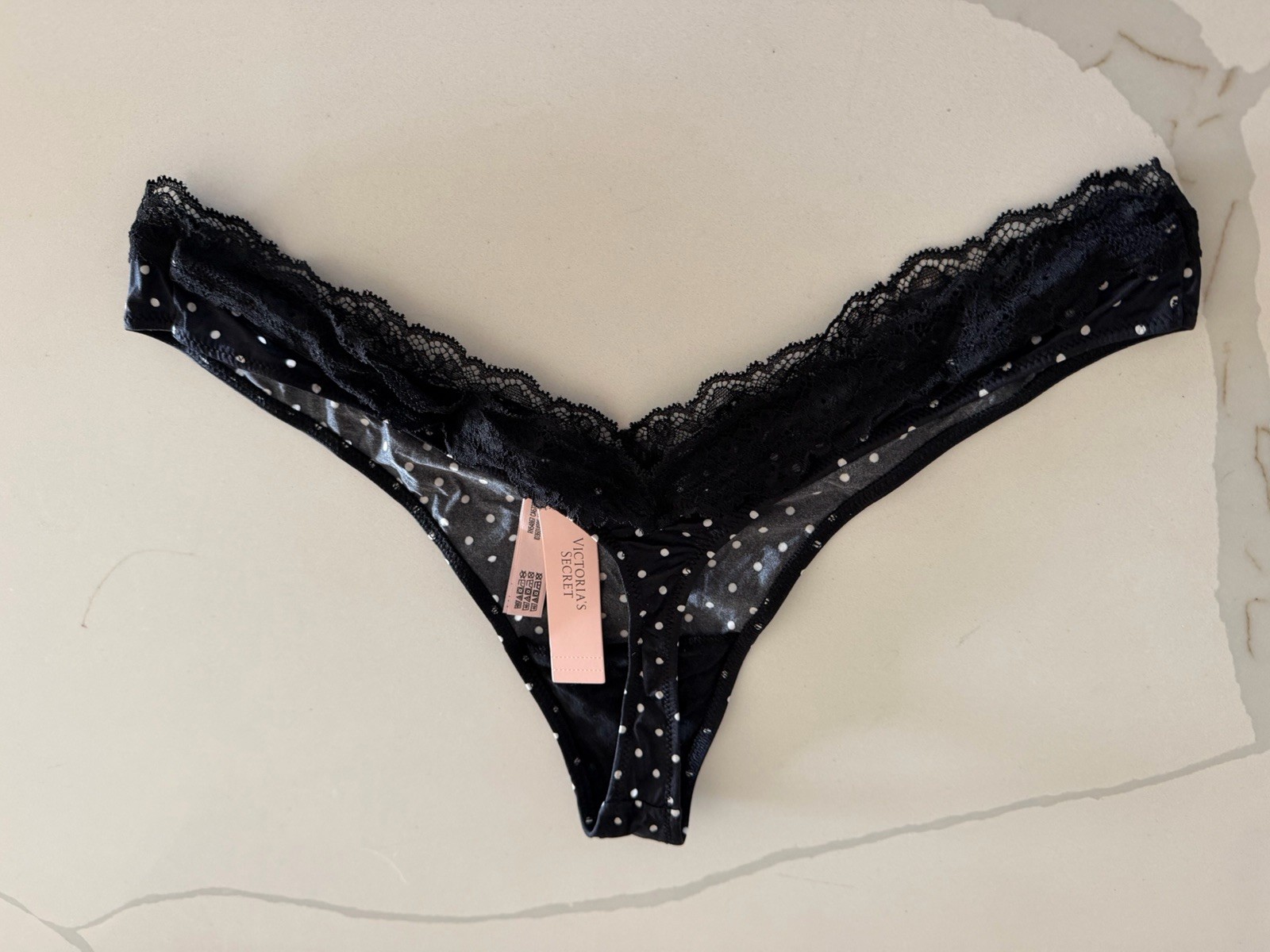 Victorias Secret VS White Polka Dot Black Satin & Lace Thong Panty Large NWT