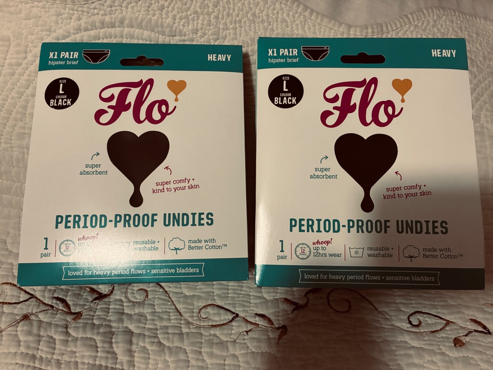 2 LOT Flo Period-Proof Undies, Hipster Brief , Washable, Size Large – New Black