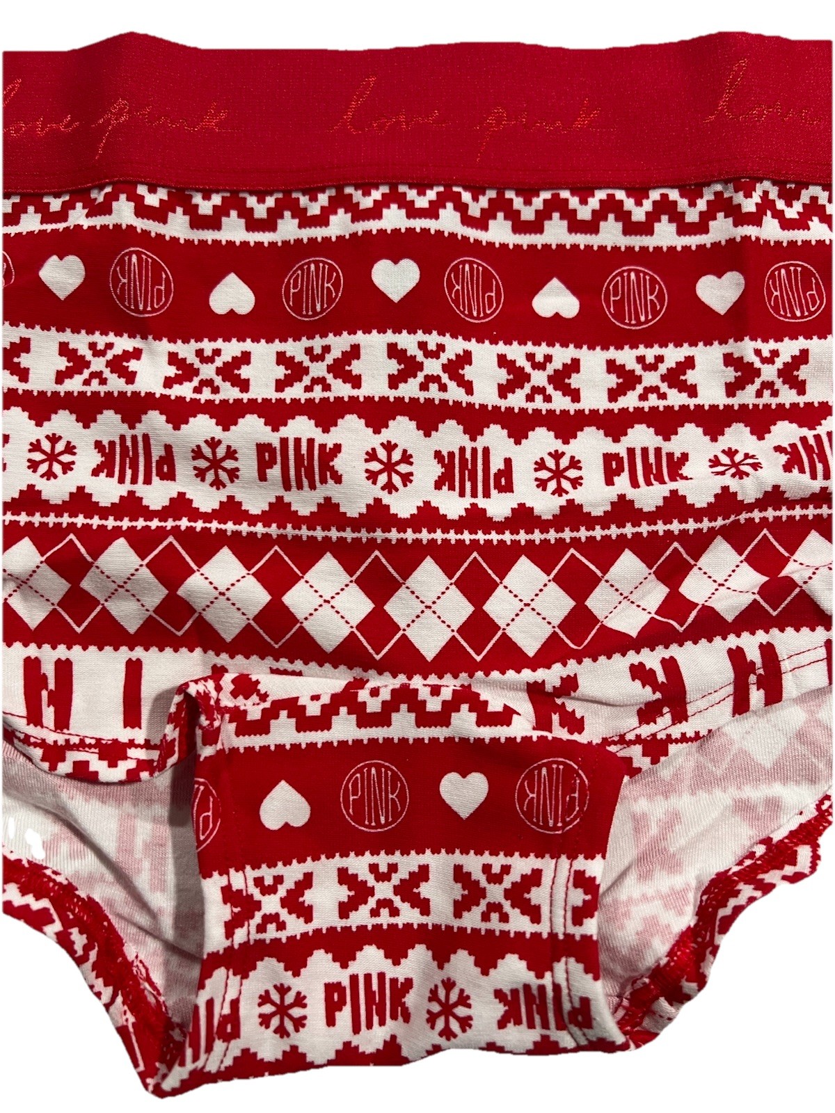 Victoria’s Secret PINK LOGO SHORTIE BOYSHORTS Red White Fair Isle Panty Large
