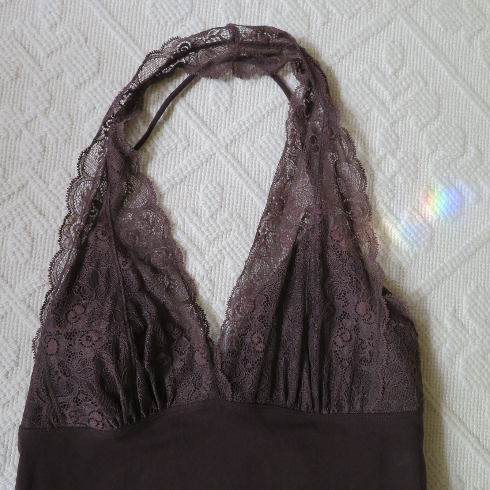 NWOT BROWN LACE HALTER NYLON/SPANDEX TOP. BY BORDEAUX. VERSATILE!