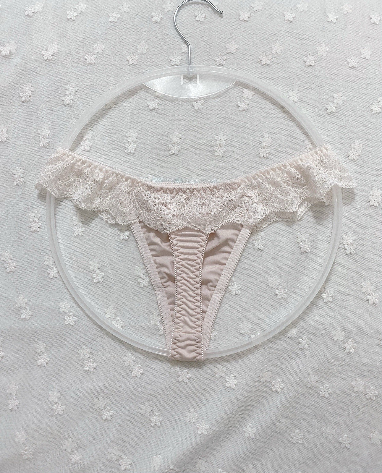 US-S, M/JP-L Japanese Brand Floral Embroidered Lace Ruffle Nylon Thong Panty