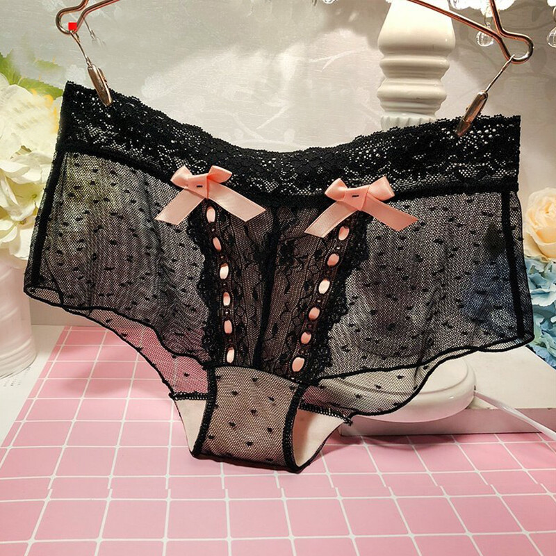 Japanese Sweet Girls Bow Underwear Briefs Womens Lace Panties Sheer Underpants