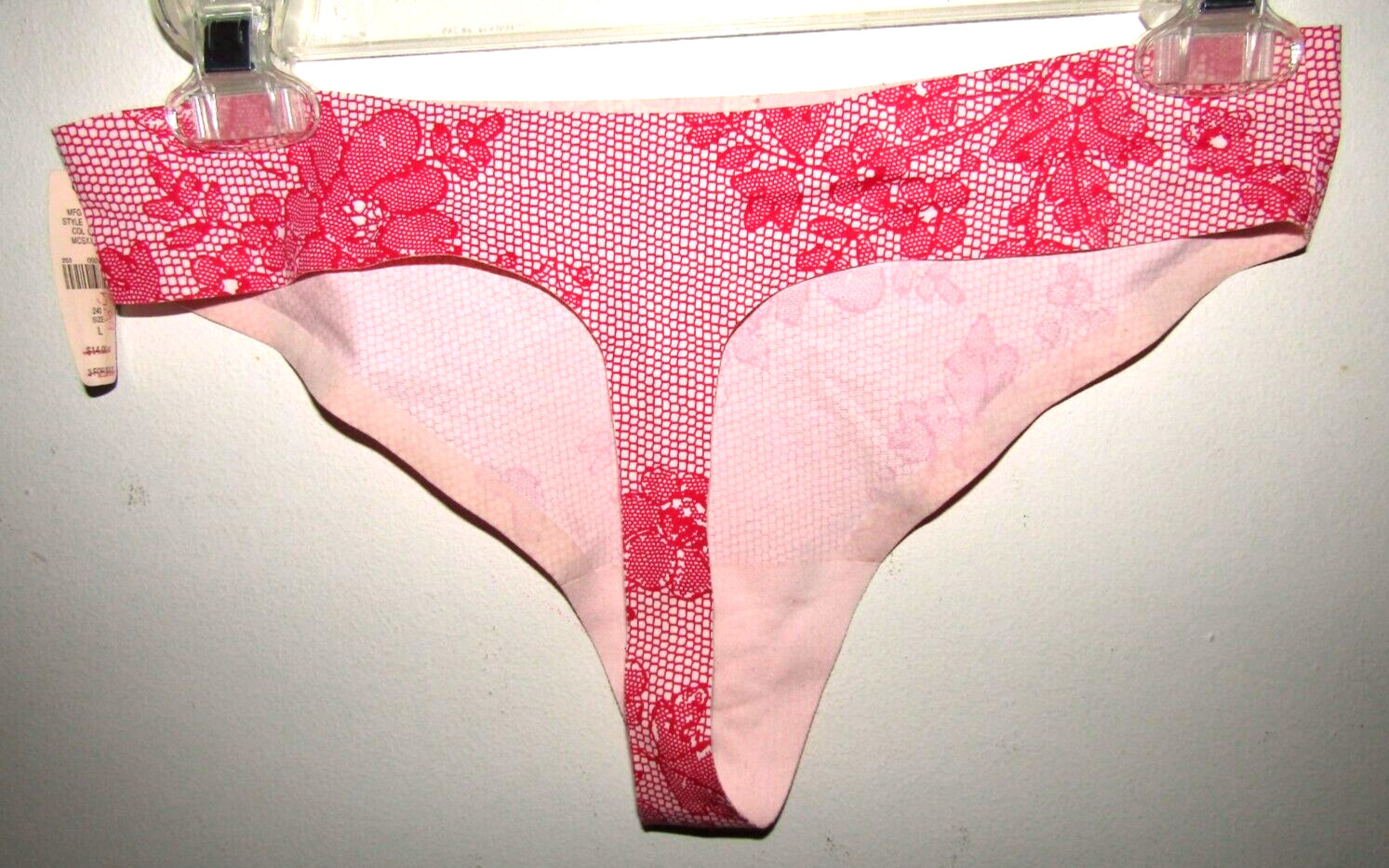BODY BY VICTORIA, Red & White Thong Panty, Size Large, “NWT” Nylon & Spandex