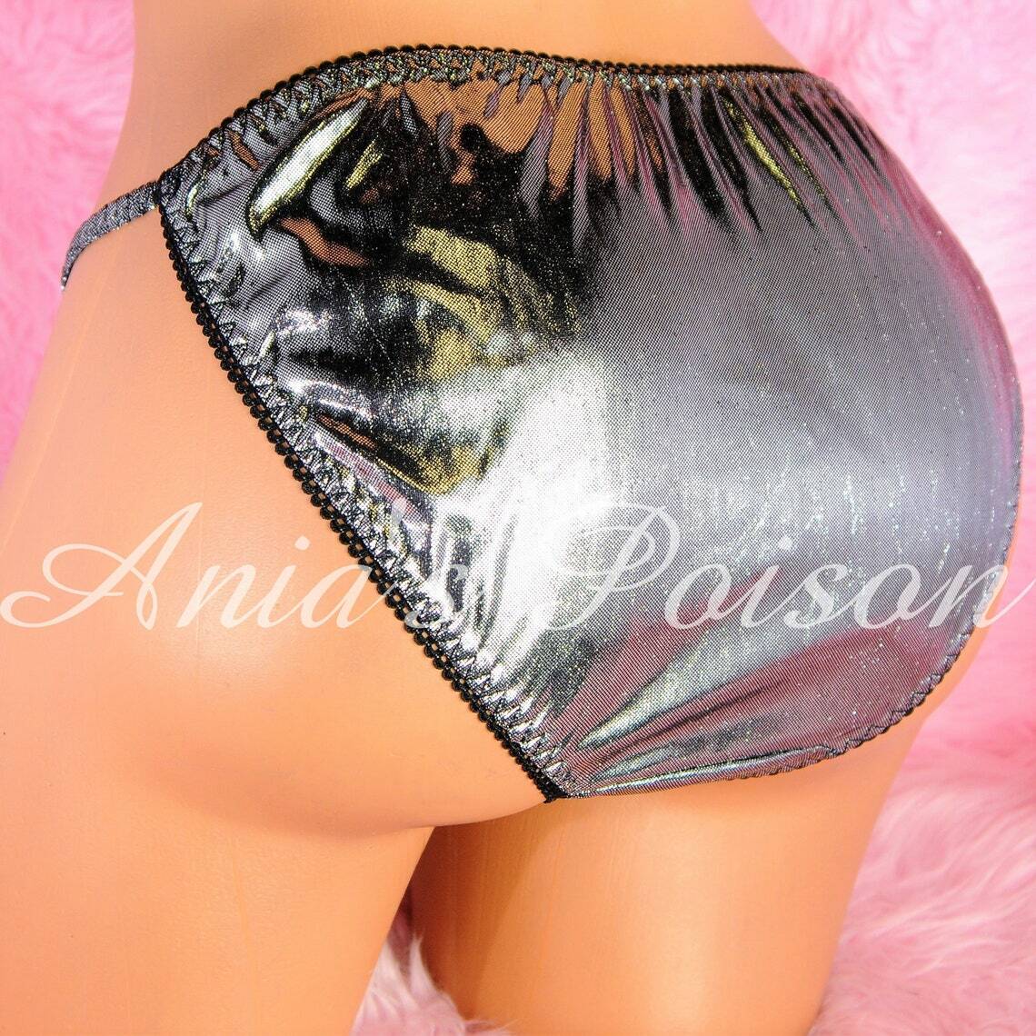 VTG style Foil Silver Black wetlook ladies sissy Metallic panties String bikini