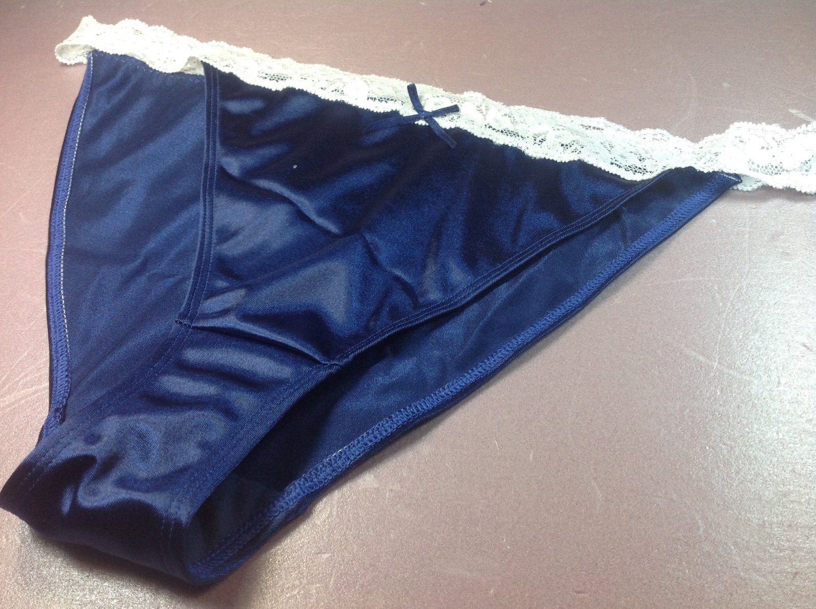 Women Panties,bikinis ILUSION Size L. Blue Satin Soft Silky W/ Fishnet Waistband