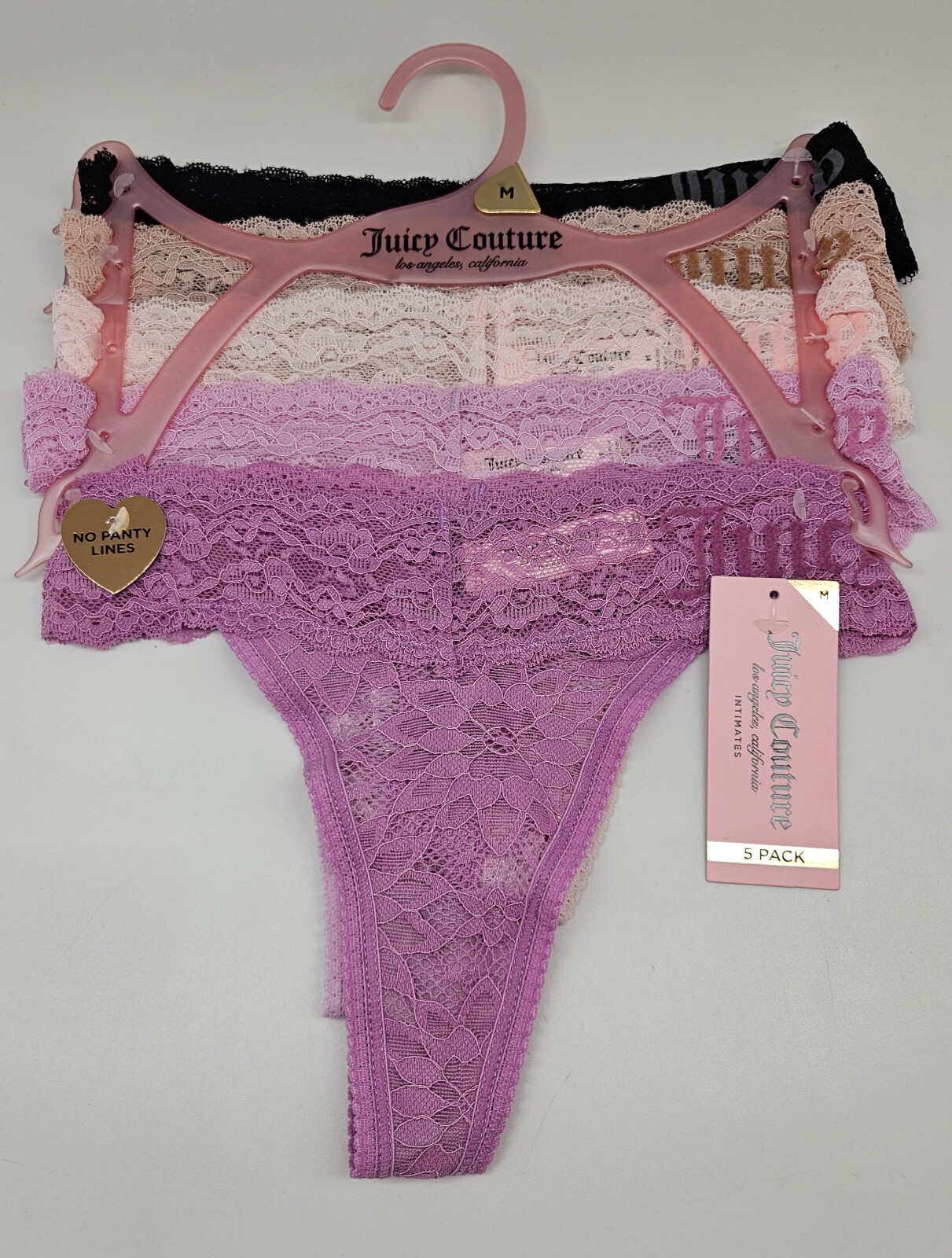 JUICY COUTURE Women’s M XL 5Pk Lace Logo Thong Panties Black Pink Beige Purple