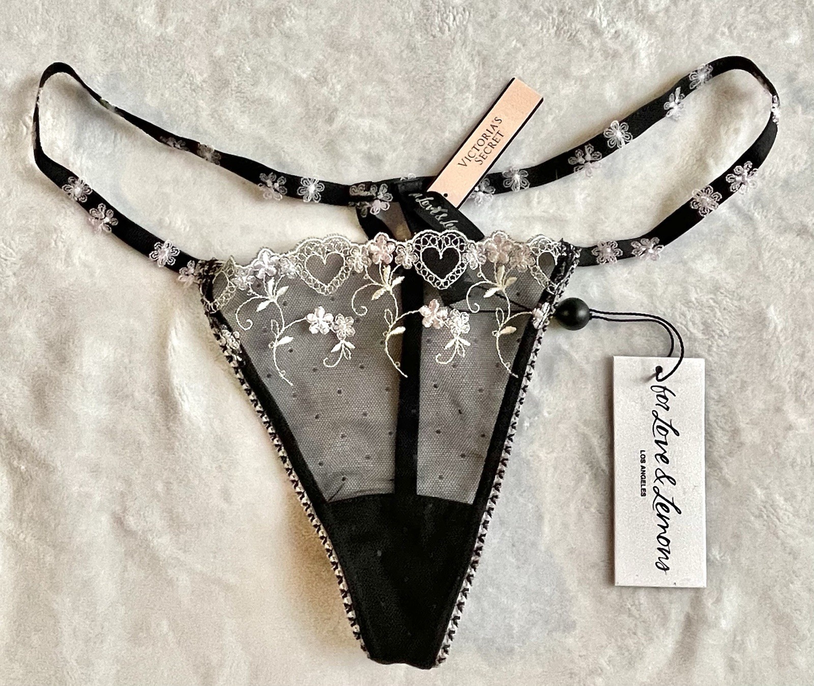 NWT VICTORIA’S SECRET Large For Love & Lemons Lace Thong Panty Black