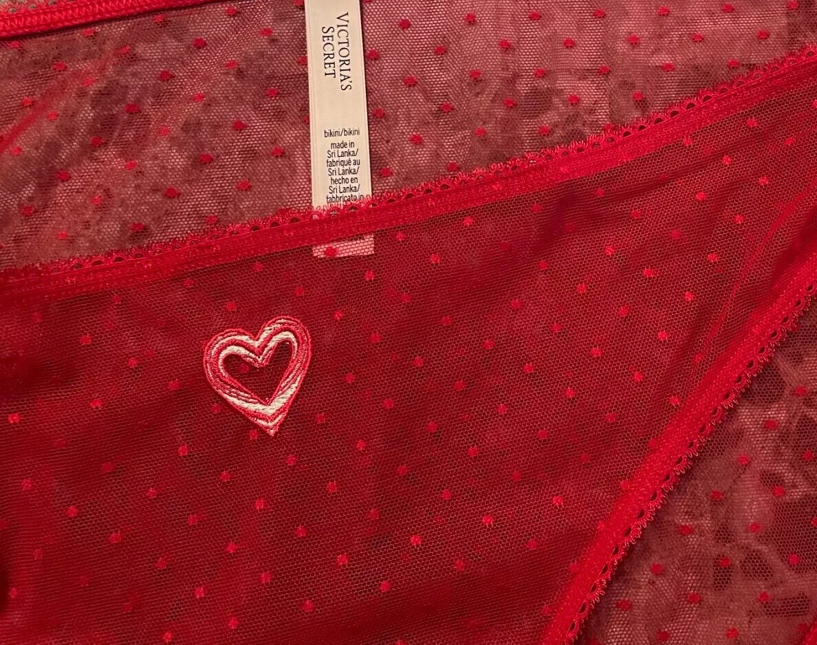 XL All Bold Red Polka Dot Mesh w Heart Stretch Victoria’s Secret BIKINI Panty