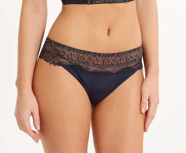 Lingadore La Regina Denim Blue & Latte Thong UK 18 XXL Knickers Pants Semi Sheer