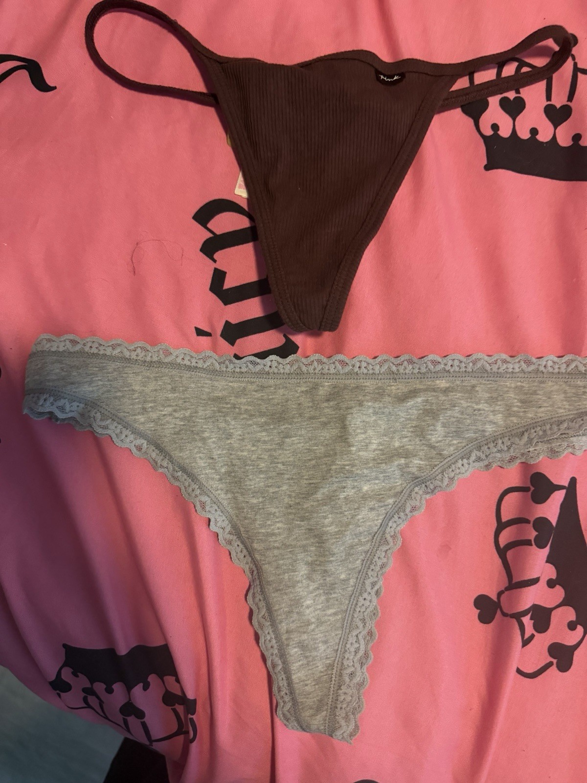 Victoria’s Secret 2-Pack Thong Panties Gray Lace & Brown Ribbed Cotton M