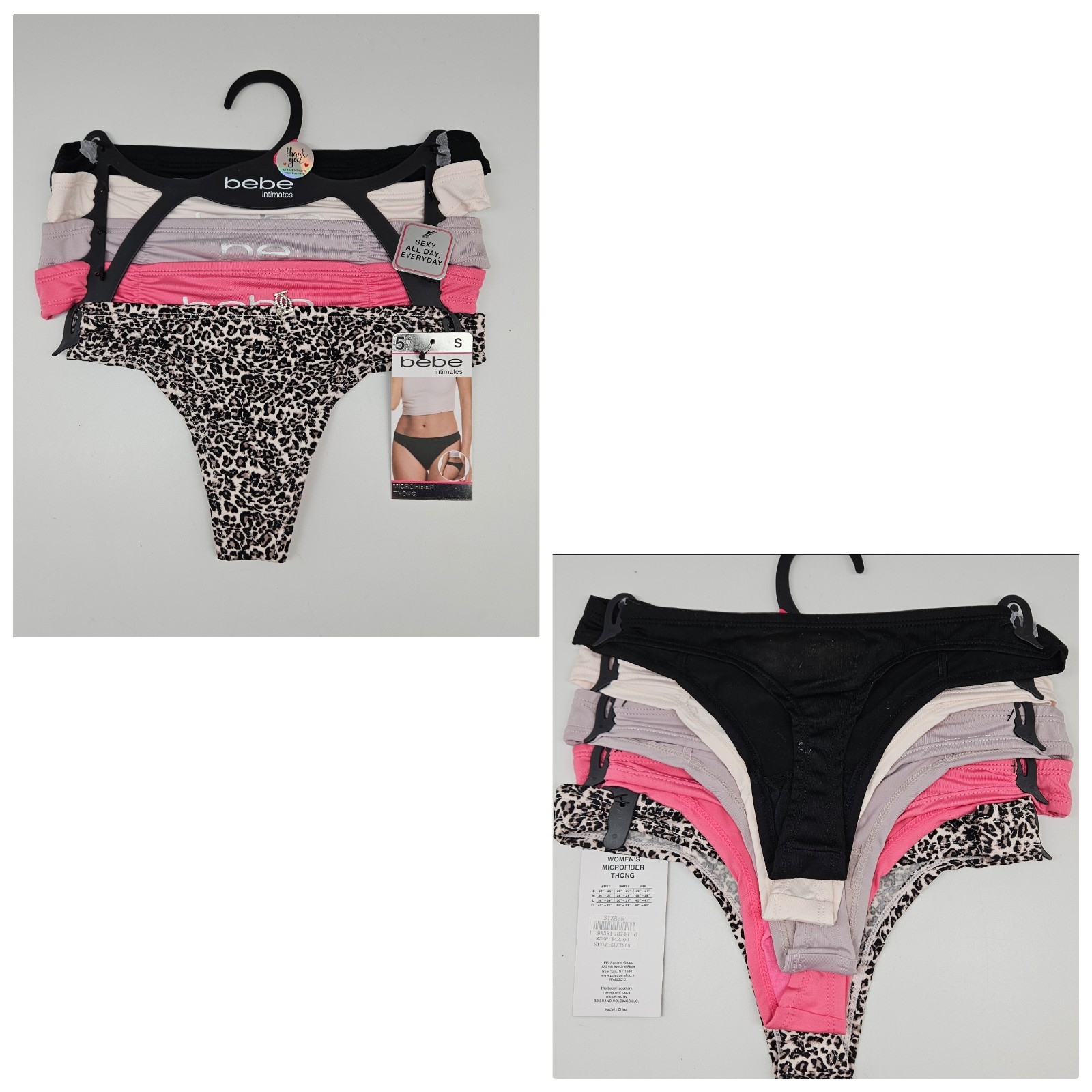 BEBE 5 Pack Womens S M L XL Sexy Microfiber Thong Panties Black Cream Beige Pink