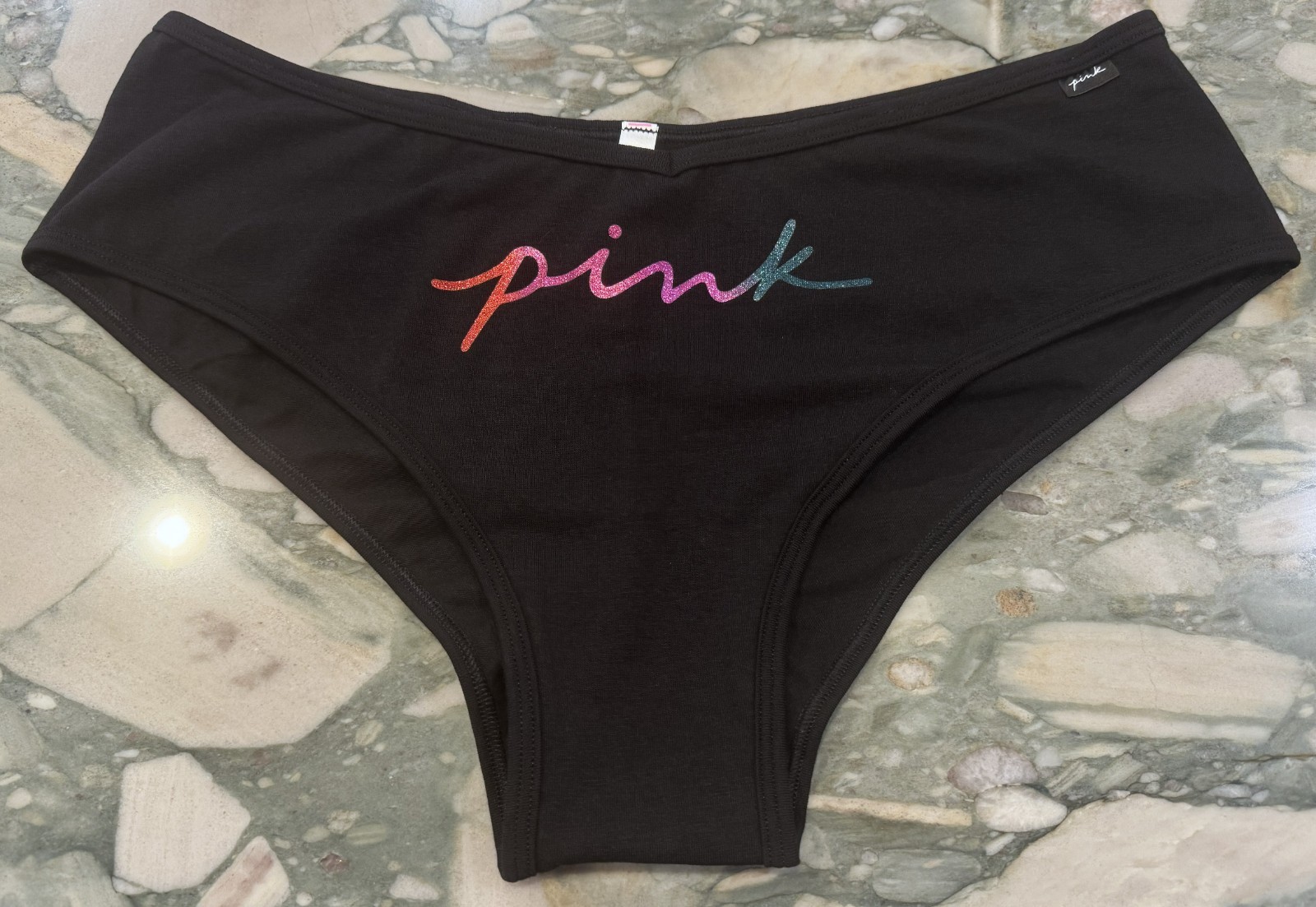 NEW Victoria Secret PINK Cotton Cheeky Panty – Black Glitter Rainbow Logo – XXL