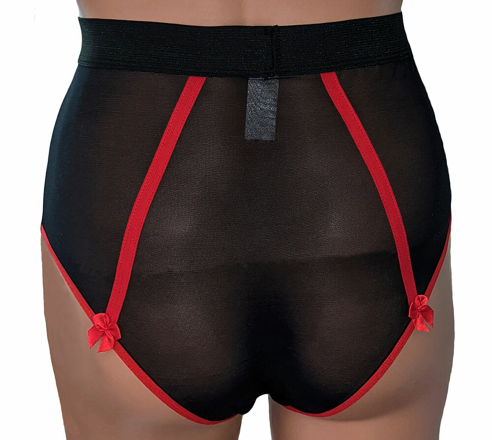 High Waist Vintage Style Knickers Satin & Mesh with Bows in Black or Black/Red