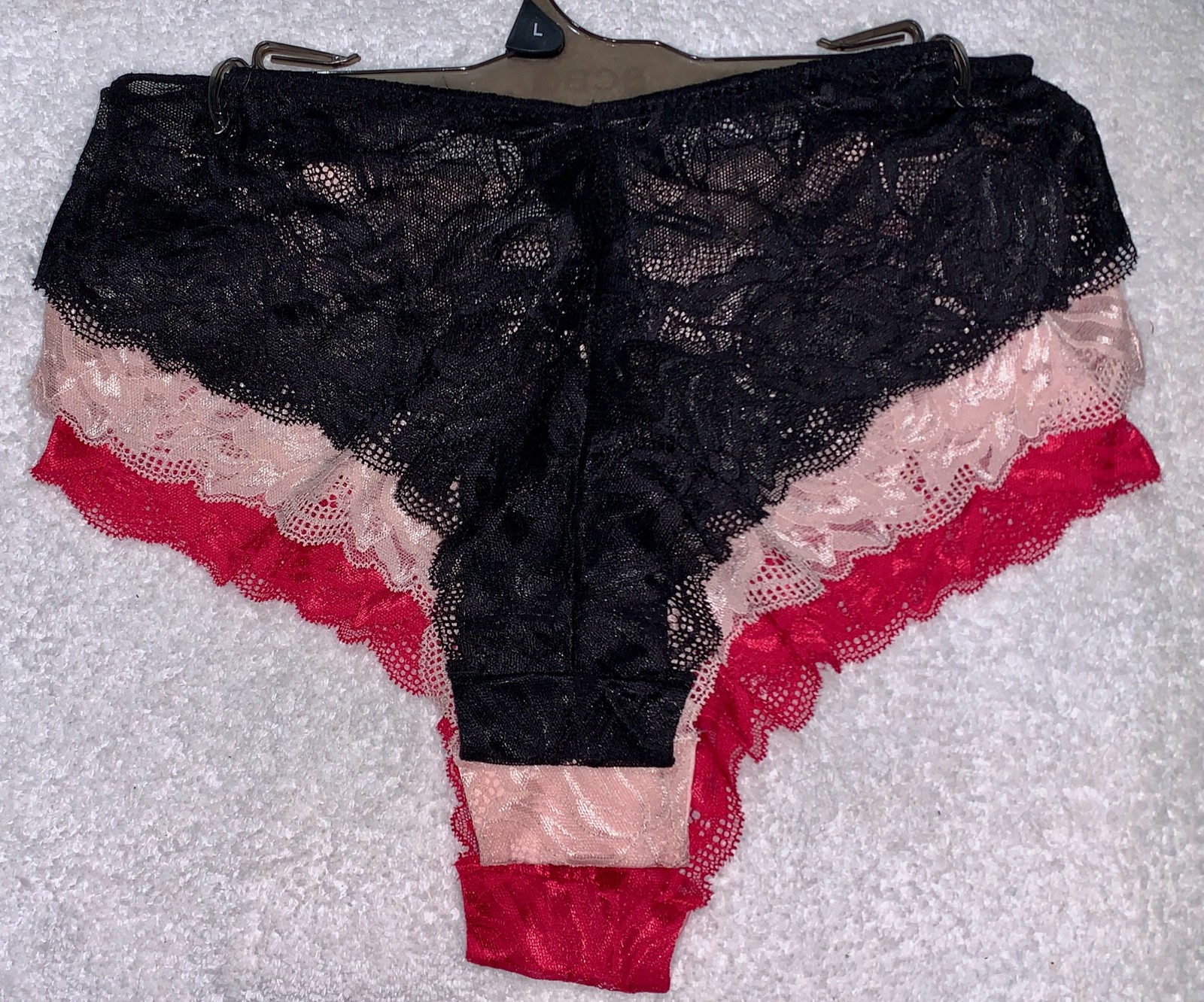 BCBG 3 Pack Luxe Lace Black Red Pink Cheeky Hipster Panty Womens Sz L 7